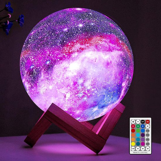 Lampe YONO Galaxy Moon – Lampe de table 3D avec Siècle des Lumières LED et support en bois – 18cm