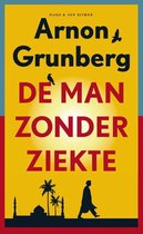 Boekcover van "De man zonder ziekte" met gele achtergrond, rode letters, palmbomen en een silhouet.