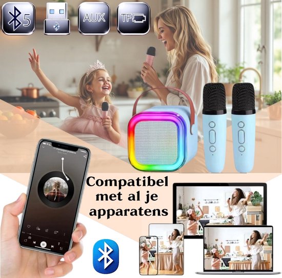 Klikkopers® - StemTovenaar Karaoke Set - Karaoke Machine met 2 Draadloze Microfoons - Voor Volwassenen en Kinderen - Bluetooth - LED - Blauw - Bluetooth Speaker - Karaoke machine — afbeelding 5