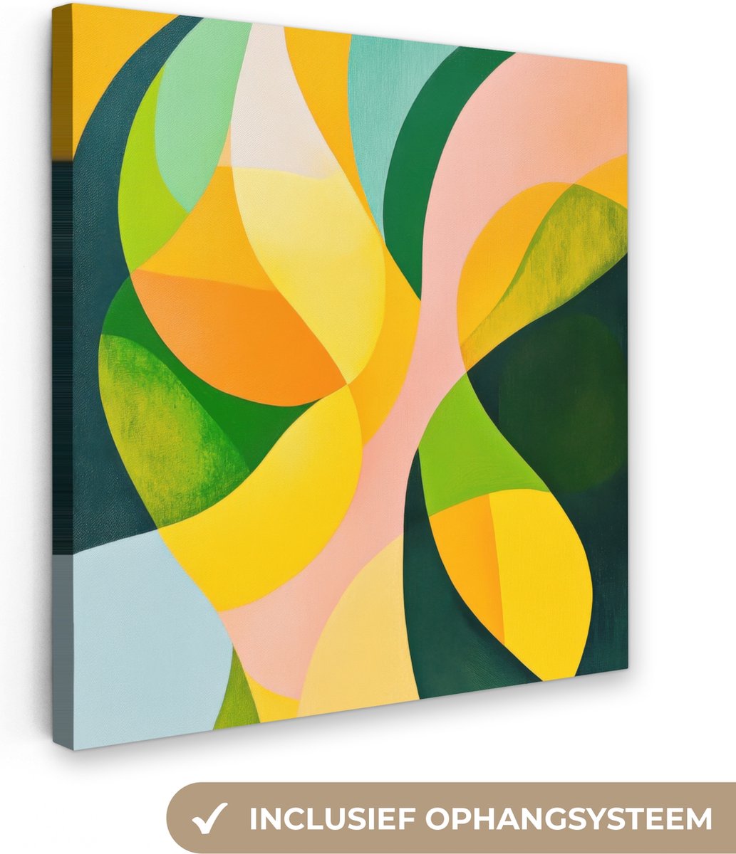 Canvas schilderij 50x50 cm - Exclusieve wanddecoratie Abstract - Geel - Roze - Groen - Muurdecoratie woonkamer - Slaapkamer decoratie - Kamer accessoires - Schilderijen op canvas - Eclectisch - Aesthetic room decor