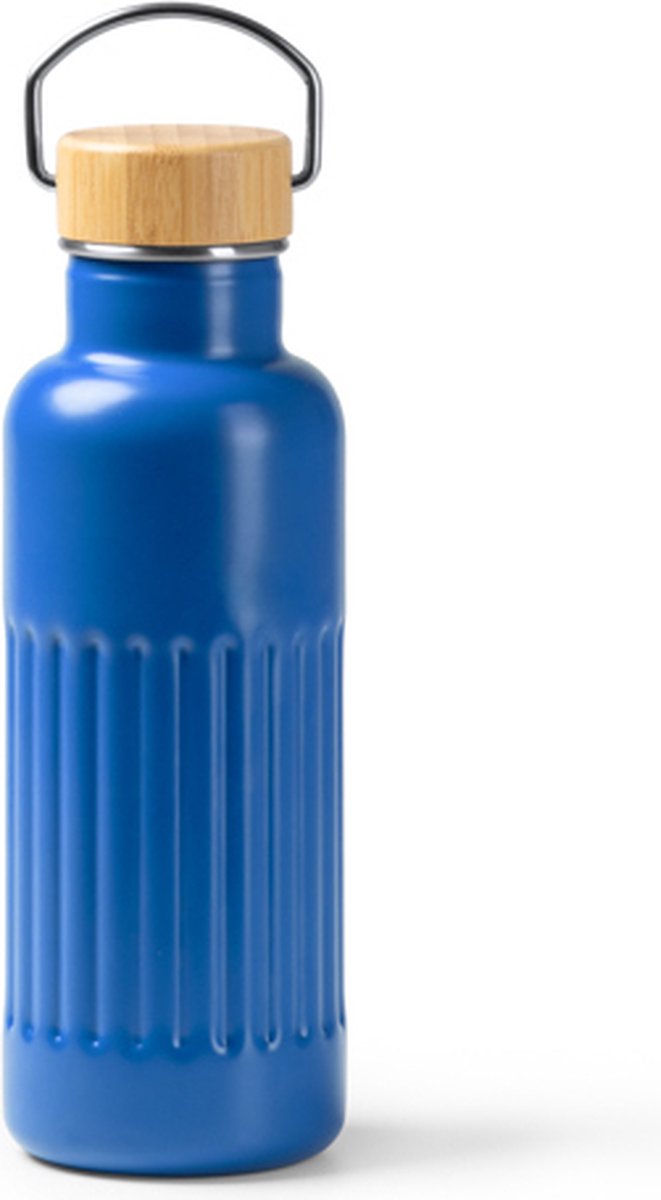 Thermosfles Blauw van gerecycled 304 roestvrijstaal met dubbelwandig afgeschuind ontwerp en bamboedeksel. Inhoud: 500 ml.