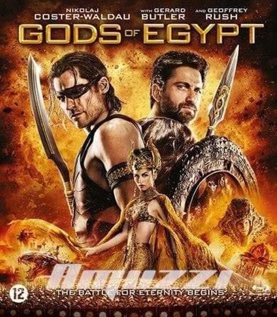 Film poster voor Gods of Egypt met Nikolaj Coster-Waldau, Gerard Butler en Geoffrey Rush. De strijd om eeuwigheid begint.