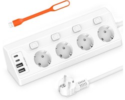 StayPowered Hoekstopcontact - Slim en Veilig Opladen in Elke Keuken - 4 Stopcontacten - 2 USB-C - 2 USB-A - Aparte Schakelaars - Overspanningsbeveiliging - 2m Kabel - Wandmontage - Wit - Levering Sneller dan Aangegeven!