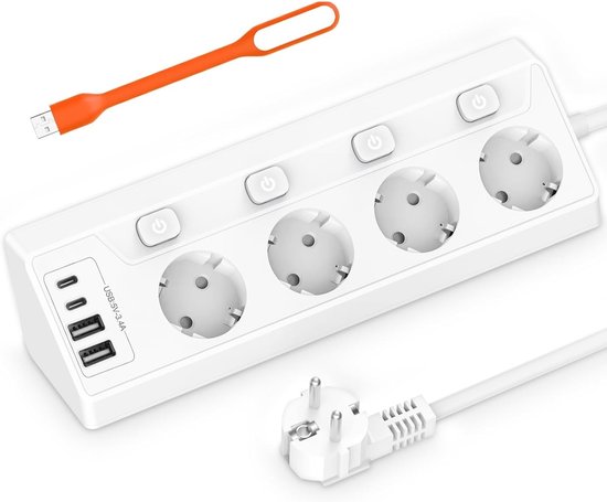 StayPowered Hoekstopcontact - Slim en Veilig Opladen in Elke Keuken - 4 Stopcontacten - 2 USB-C - 2 USB-A - Aparte Schakelaars - Overspanningsbeveiliging - 2m Kabel - Wandmontage - Wit - Levering Sneller dan Aangegeven!