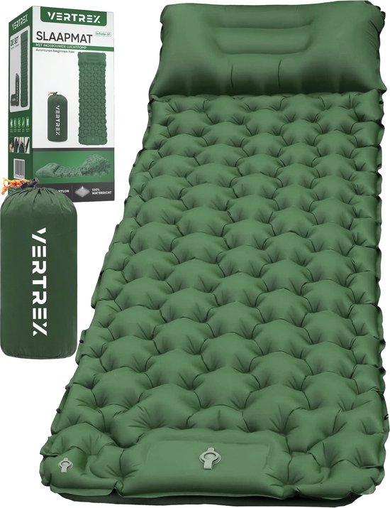Vertrex Inflate-X1 Slaapmat met Ingebouwde Pomp - Luchtbed - 1 Persoons - Mosgroen