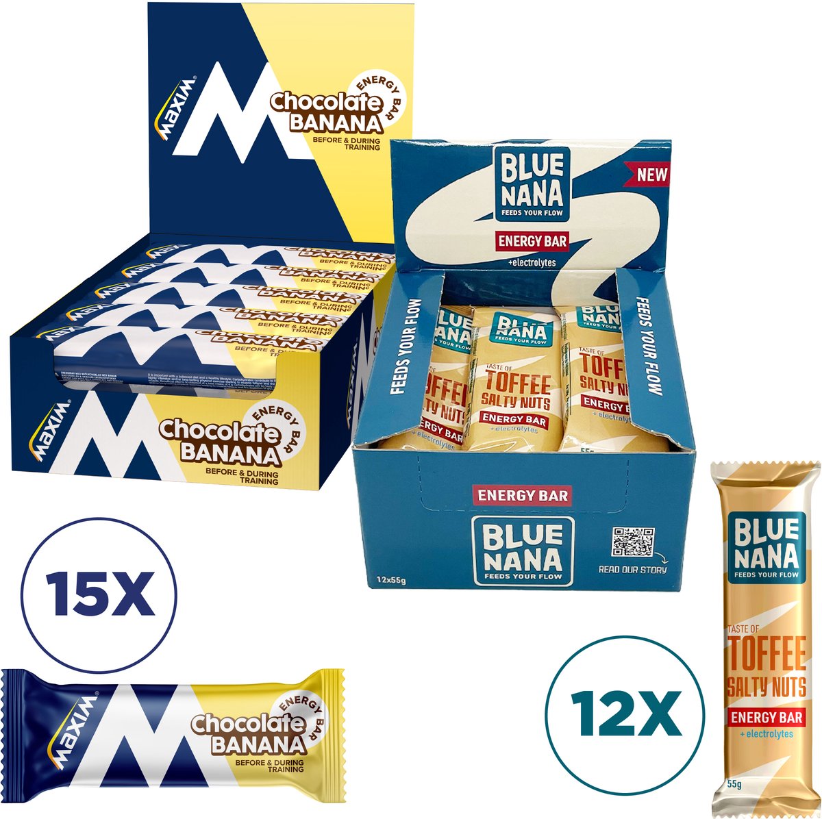 Combipack Maxim Pro Energy Bar - Chocolate Banana - 15 x 56g + Blue Nana Energy Bar - Toffee Salty Nuts - 12 x 55g - Energierepen - Sportvoeding