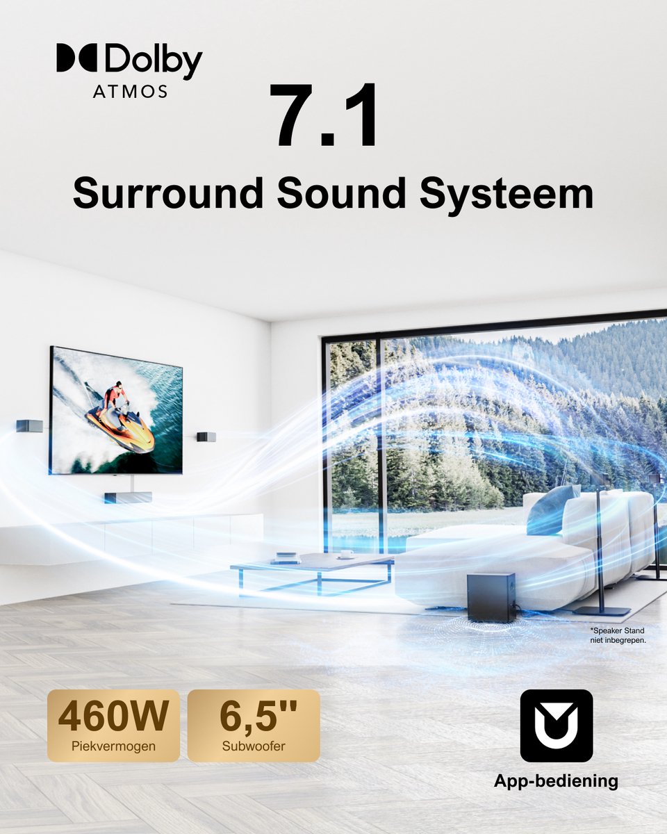 Afbeelding 2 van ULTIMEA Poseidon D80 Soundbar met 7.1-kanaals Dolby Atmos, 6.5" Draadloze Subwoofer, 460W Soundbar voor tv - Zwart