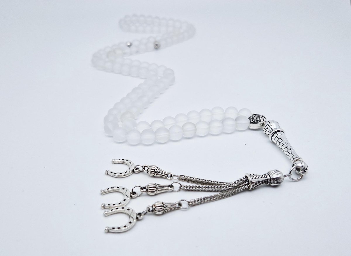 Handgemaakte tesbih "Tasbih" natuursteen "Selenite" - Aantal kralen 99 - Diameter kralen 8MM - met metaal tassel "Hoefijzer" - Een mooi cadeau-idee