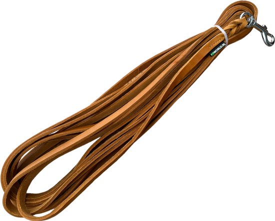 K9 World, honden riem, speur lijn, cognac bruin leder, zonder handvat, 12 mm breed, 5 meter lang, verchroomd musketon