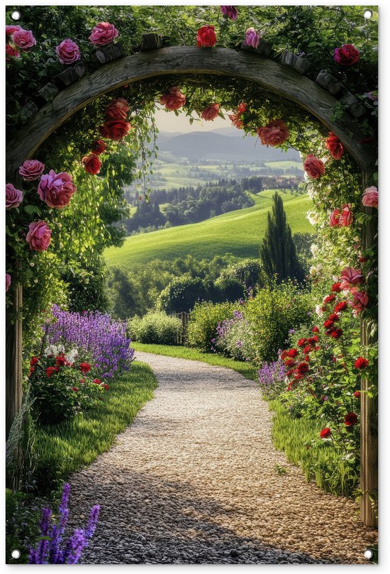 Tuinposter 80x120 cm - Tuindecoratie Doorkijk - Tuinboog - Bloemen - Natuur - Pad - Poster voor in de tuin - Buiten decoratie - Schutting tuinschilderij - Tuindoek muurdecoratie - Wanddecoratie balkondoek - Moederdag cadeautje