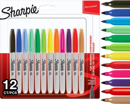 Marqueurs permanents Sharpie – 12 couleurs – Avec pointe fine