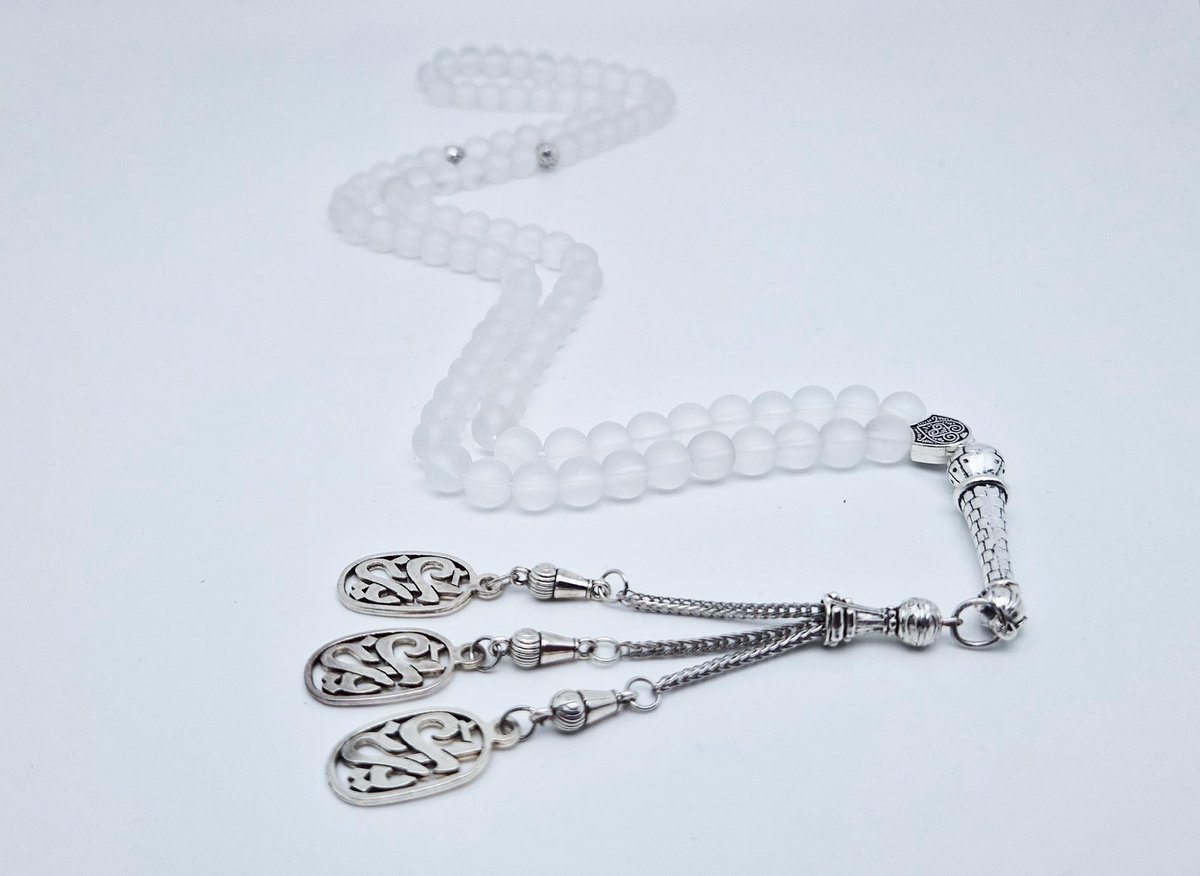 Handgemaakte tesbih "Tasbih" natuursteen "Selenite" - Aantal kralen 99 - Diameter kralen 8MM - met metaal tassel "Yarab" - Een mooi cadeau-idee