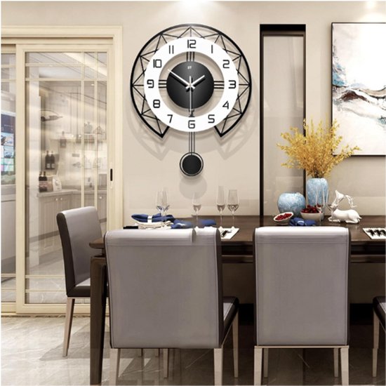 Wandklok,Wandklokken Moderne wandklok met slinger Metalen decoratieve klok Werkt op batterijen Niet-tikkend Decor Woonkamer Slaapkamer Boerenklok