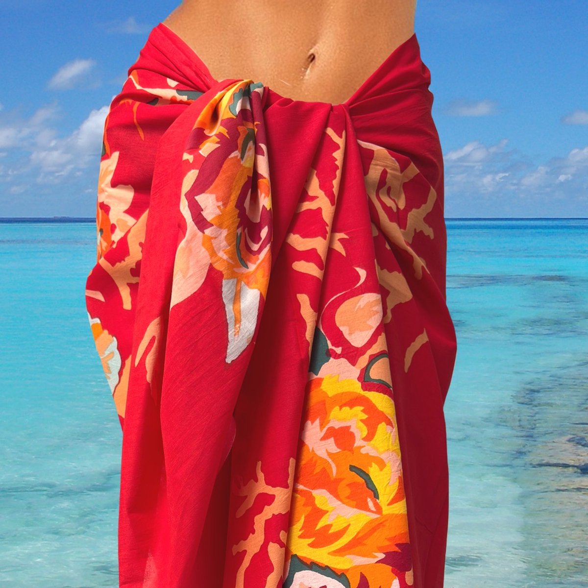 Happy Pareo Coral Roses Fiery Red - rode sarong omslagdoek
