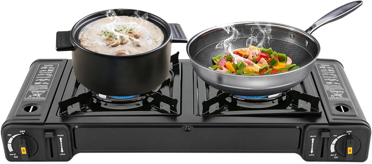 Réchard à 2 Brûleurs Camping – Pique-nique, Gaz Butane, Portable, Noir, Neuf, Modèle BDZ-180A
