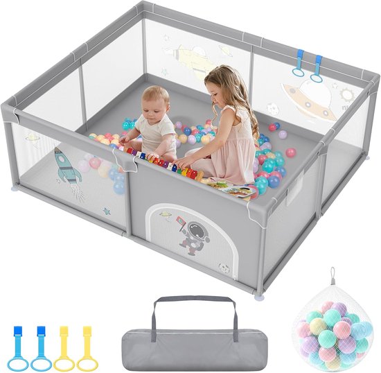 UISEBRT Babybox voor baby's, 150 x 180 cm, box voor baby's, met 50 oceaanballen en 4 trekringen en draagtas, opvouwbare box tent met ademend net voor kinderen, grijs met astronautenmotieven UISEBRT Babybox voor baby's, 150 x 180 cm, box voor baby's, met 50 oceaanballen en 4 trekringen en draagtas, opvouwbare box tent met ademend net voor kinderen, grijs met astronautenmotieven