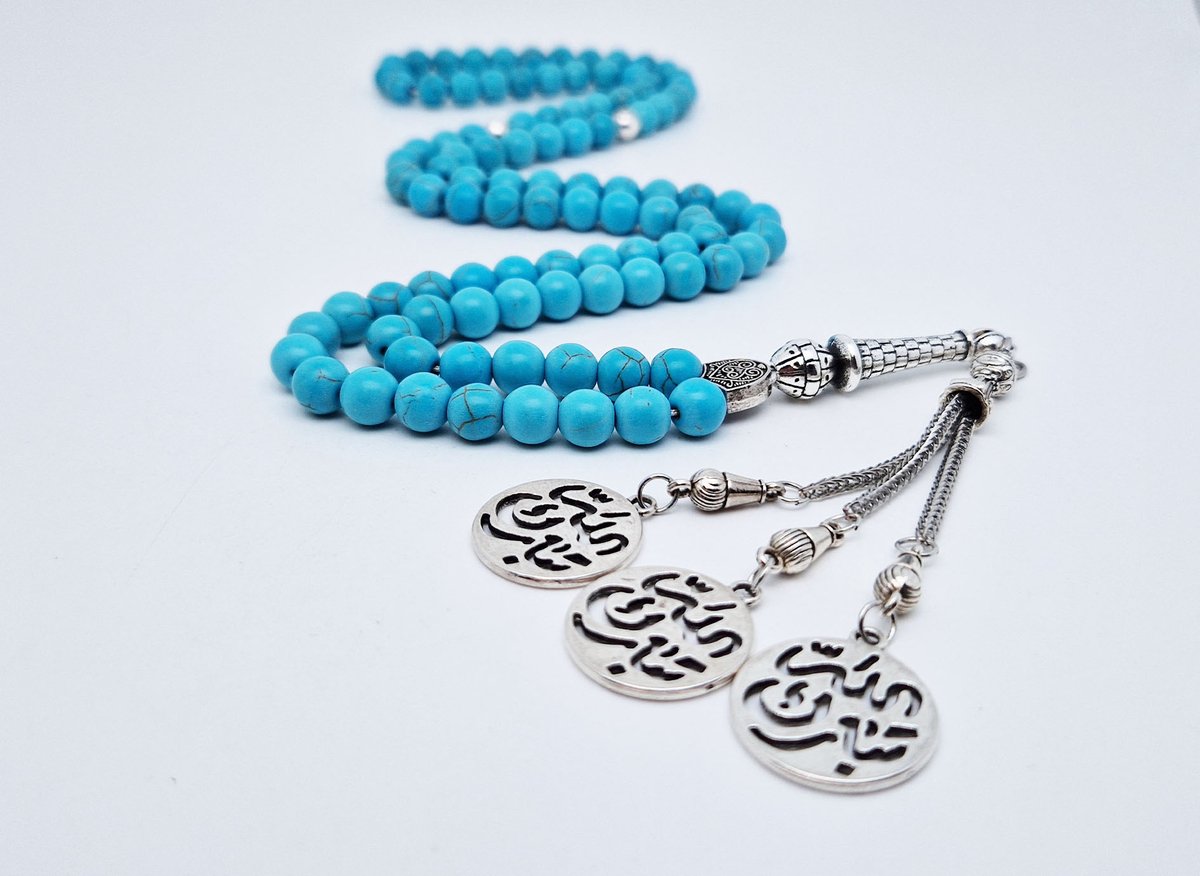 Handgemaakte tesbih "Tasbih" natuursteen "Turkoois" - Aantal kralen 99 - Diameter kralen 8MM - met metaal tassel "Tabarak Allah" - Een mooi cadeau-idee