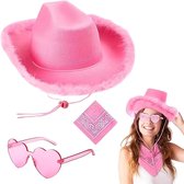 Cowboy Hoed Set - 3-delig - Roze - met bonten rand - Mannen & Vrouwen - Western Verkleed - Bandana & Bril - Party / Cosplay