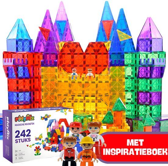 PlayMix Magnetic Tiles - 242 Stuks - Magnetisch Speelgoed - Bouwspeelgoed - Bouwblokken - Magna - Magneten Speelgoed - Magnetische Tegels - Bouwstenen - Montessori Speelgoed - Educatief Speelgoed - Sinterklaas Cadeautjes - Jongens & Meisjes
