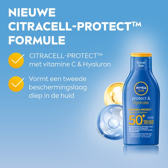 Blauwe NIVEA SUN fles met gele dop, naast verpakkingstekst 'NIEUWE CITRACELL-PROTECT FORMULE'.