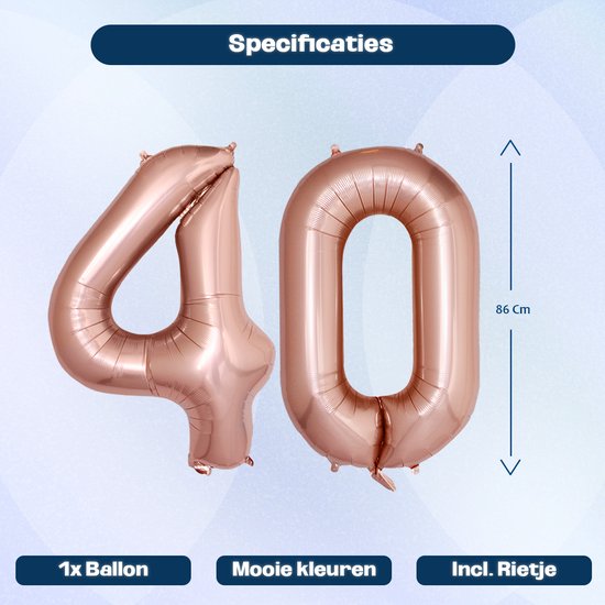 Rosegouden folie ballonnen cijfer 40, 86cm hoog, inclusief rietje.