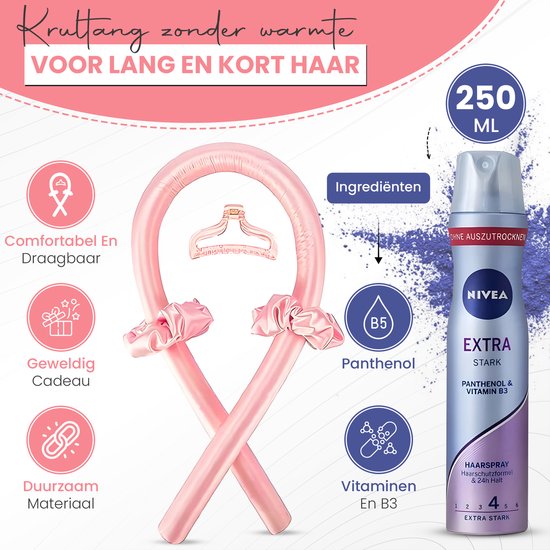 Roze lint voor hittevrije krullen met scrunchies en klem. Met Nivea Extra Stark haarspray en ingrediënten.