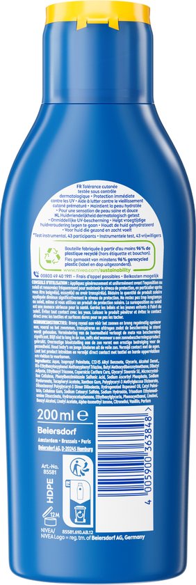 Achterkant Nivea Sun Protect & Hydrate zonnebrandmelk factor 30. Bevat 200 ml.