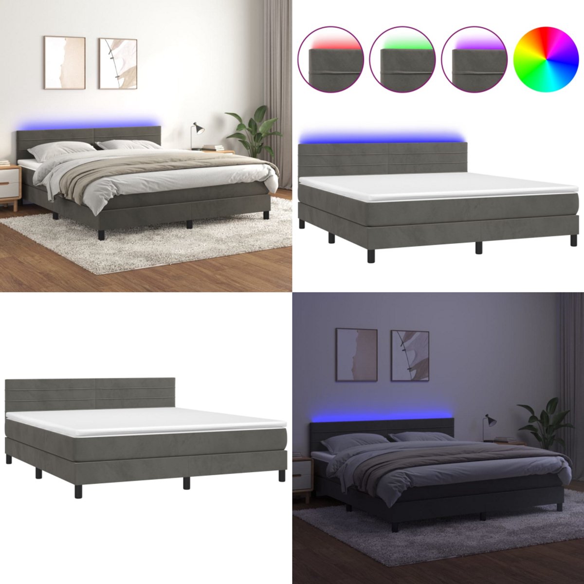 vidaXL Boxspring met matras en LED fluweel donkergrijs 160x200 cm - Boxspring - Boxsprings - Bed - Slaapmeubel