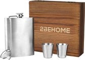 2BEHOME Heupfles - Inclusief 2 shotglazen en Trechter - Opbergdoos - Zilver - RVS - Veldfles - Waterfles - Waterflessen - Flacon - Hip Flask