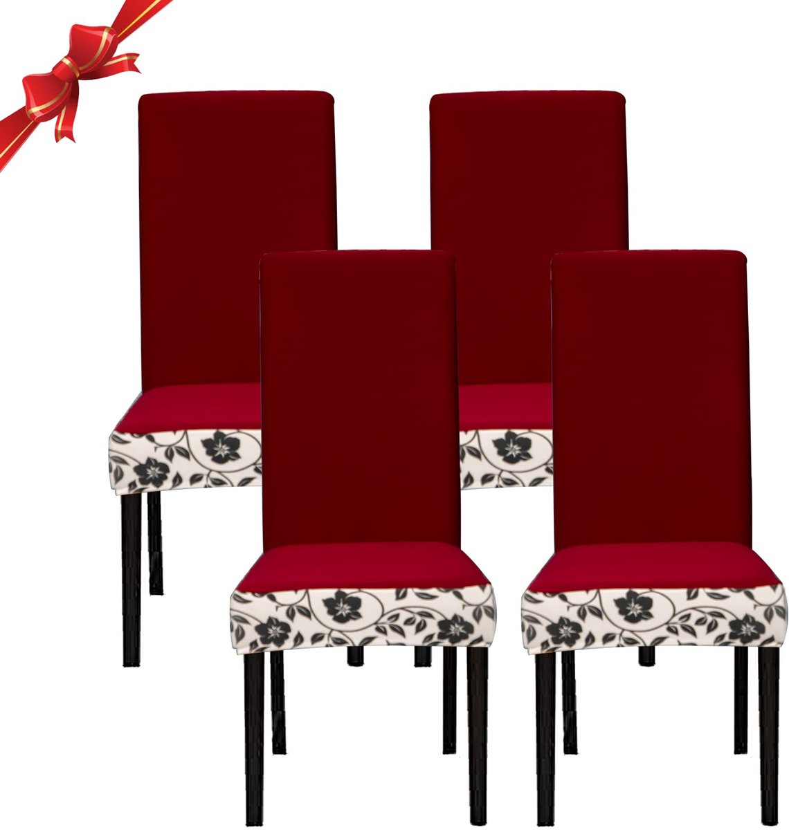 My Ninki ® Set van 4 Luxe, Elastische Stoelhoezen voor Eetkamer en Banket met Bladerenpatroon in Bordeauxrood