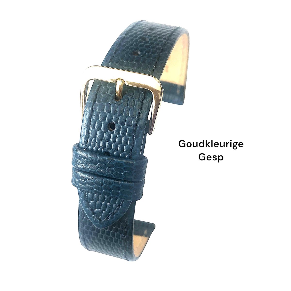 Horlogeband-horlogebandje-blauw-14 mm LizardPrint-kalfleer-plat-echt leer-zacht-goudkleurige gesp-14mm