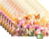 Placemats - 6 stuks - 45x30 cm - Placemat kunststof - Vlinders - Oranje - Bloemen - Borden onderleggers - Decoratie voor op tafel - Keuken tafeldecoratie accessoires - Vinyl onderlegger - Tafelversiering