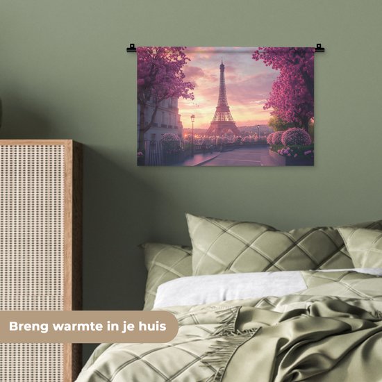 Wandkleed 60x40 cm - Wanddoek Eiffeltoren - Parijs - Roze - Wandtapijt - Wandkleden