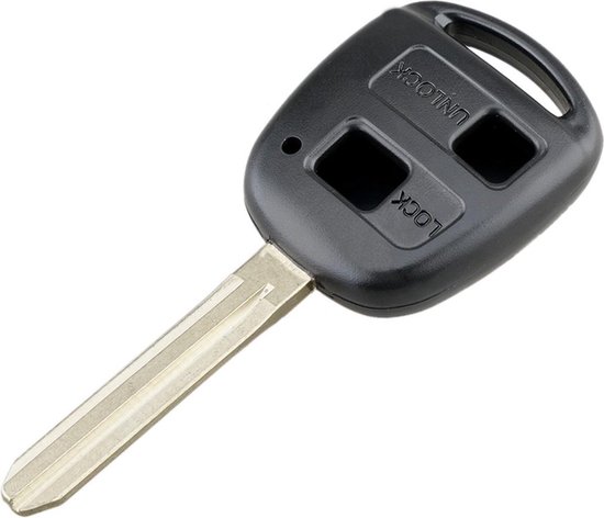 Zwarte autosleutel behuizing met 2 knoppen, met "LOCK" en "UNLOCK" teksten.