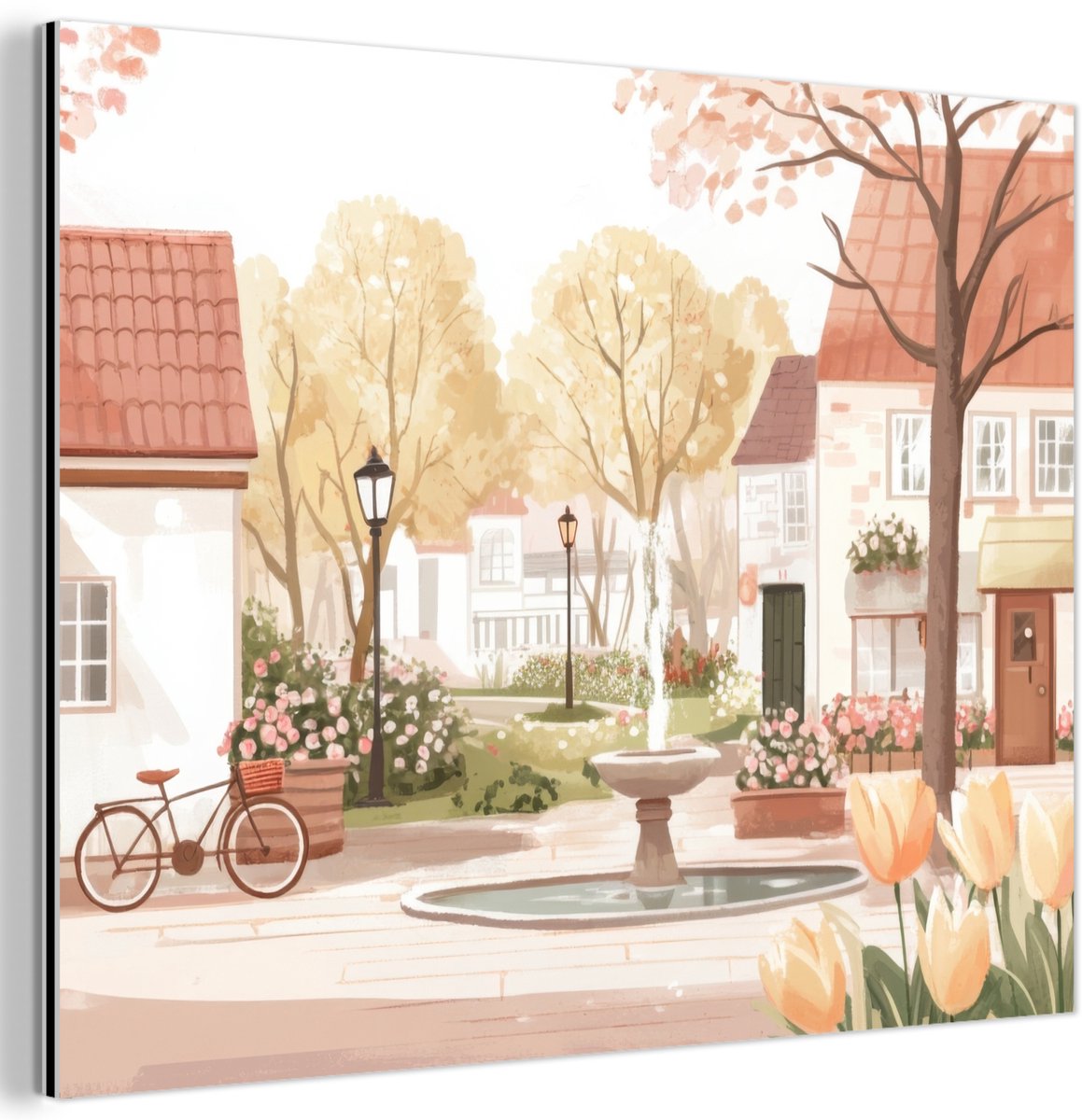 Aluminium schilderij 80x60 cm - Wanddecoratie metaal - Dorpsplein - Fontein - Tulpen - Met