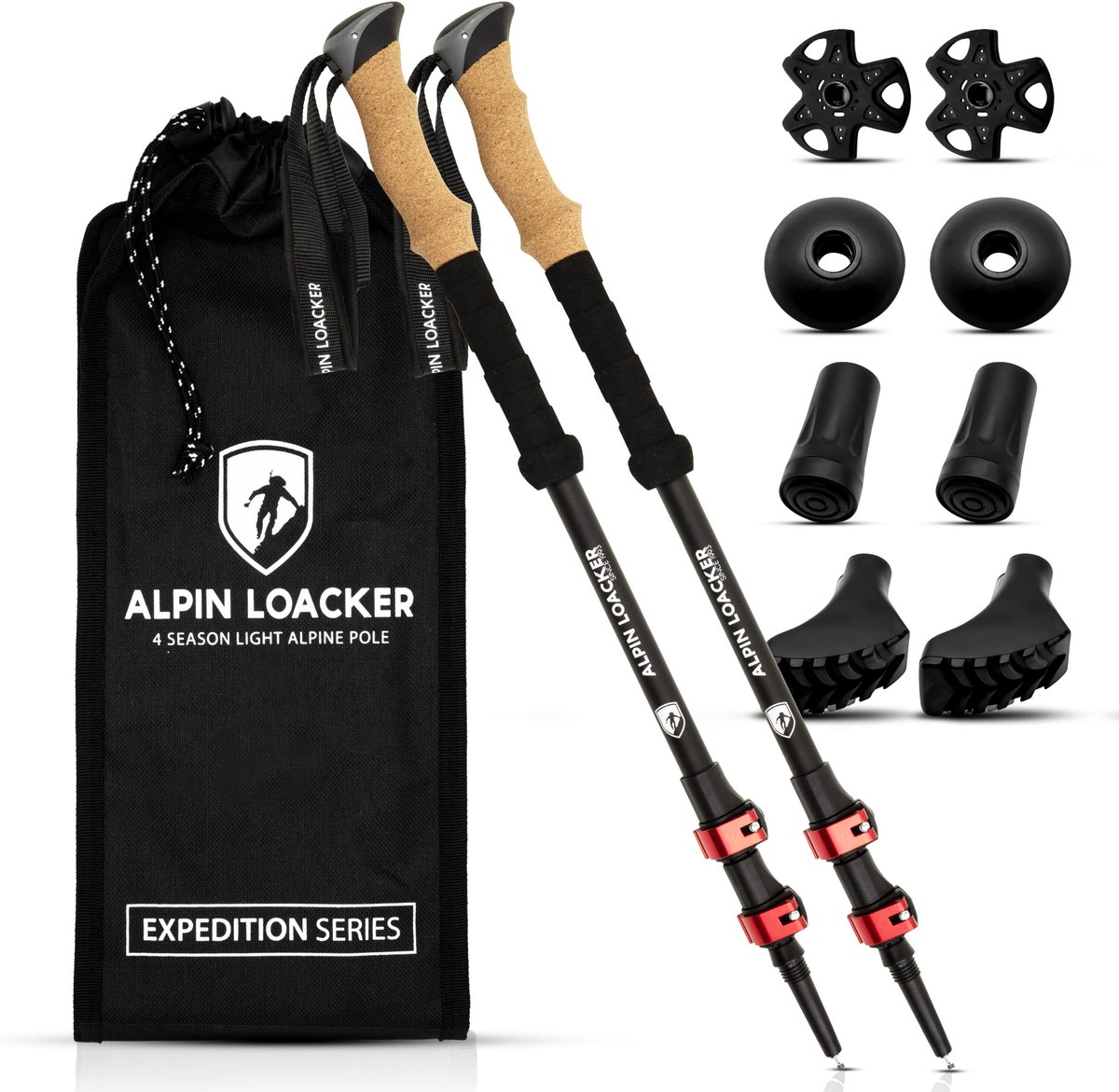 Alpin Loacker Aluminium Trekkingstokken Verstelbaar met Korkgriff 105-135 cm - Lichtgewicht Nordic Walking Stokken met Accessoires en Tas - Trekking, Nordic Walking, Outdoor