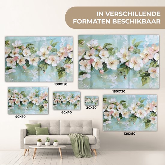 MuchoWow® Tableau sur verre 60x40 cm - Tableau acrylique sur verre - Fleurs - Feuilles - Bleu clair - Photo sur verre - Décoration murale salon - Décoration murale chambre - Peintures