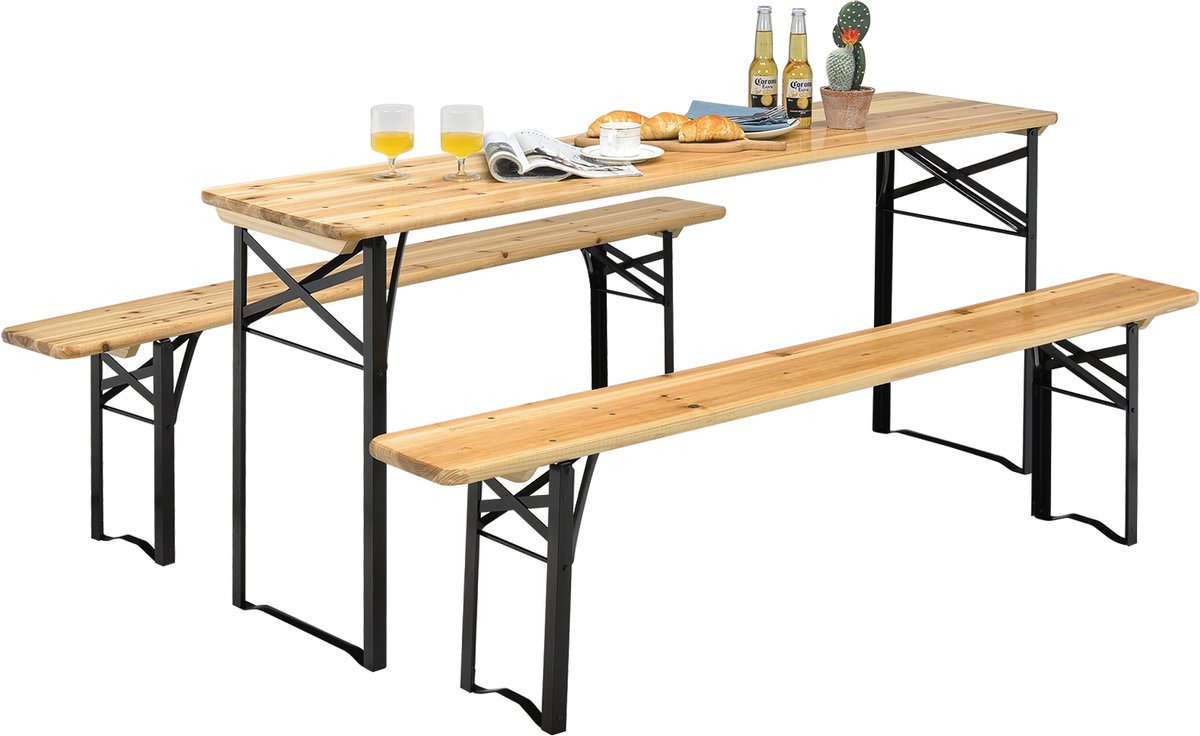 COSTWAY 3-delige biertentgarnituur, picknicktafel met 2 zitbanken, campingtafelset met metalen frame, feesttentgarnituur voor terras, tuin, 178 x 46 x 76 cm