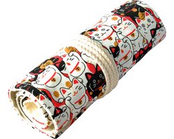Roletui voor 48 pennen of penselen (tot 17 cm) met kattenprint. Zwart-wit-rood