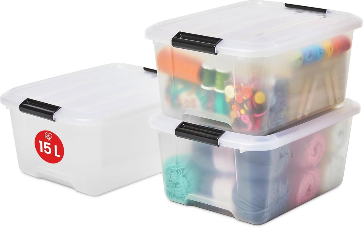 Candala Set van 3 opbergdozen, 15 L, met clips, stapelbaar, woonkamer, slaapkamer, Garage - B39 x D28,5 x H18 cm - TB-15 - Transparant