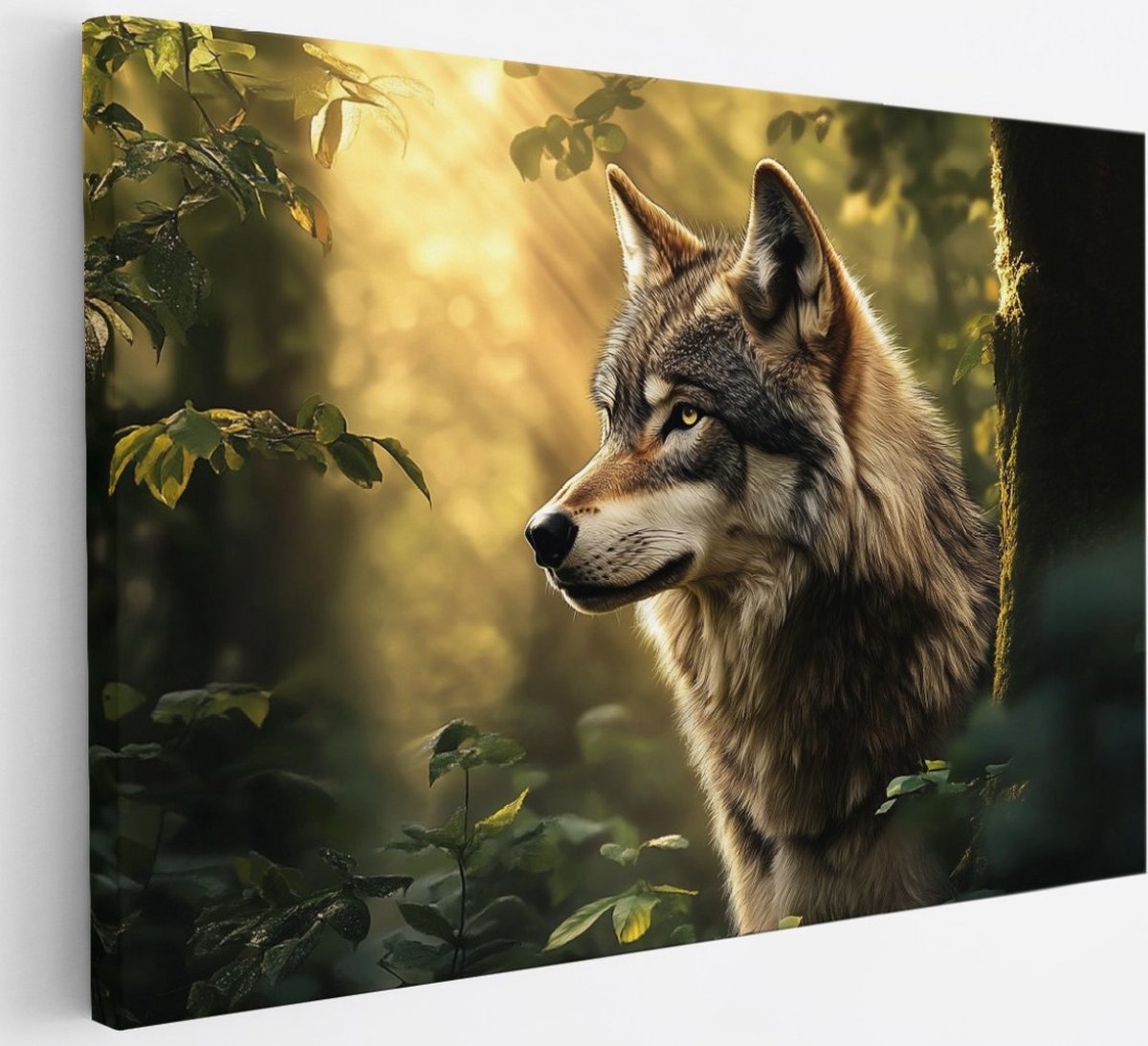 Saammp Canvas Schilderij - Wolf tussen de hoge bomen - Natuur - Landschap - 30x20 - Foto op canvas - Wanddecoratie - Muurdecoratie Woonkamer - Slaapkamer decoratie - Canvas Print Multicolor