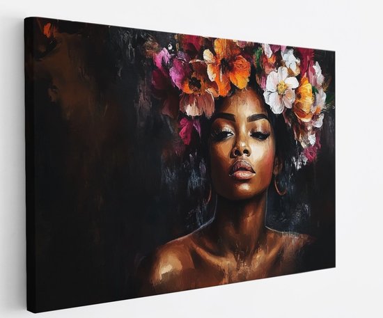 Saammp - Canvas Schilderij - Afrikaanse Vrouw - Kleurrijke Bloemen - Abstract - 45x30 - Foto op canvas - Wanddecoratie - Muurdecoratie Woonkamer - Slaapkamer decoratie - Canvas Print