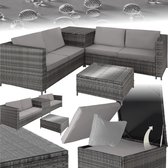 tectake® Wicker zitgroep - Tuinmeubelset - 2 banken met extra dikke kussens - Tafel met glazen blad - Tuinmeubelen voor terras - Tuin - Balkon - Buitenmeubels - Inclusief opbergbox - Maximale belasting bank 200 kg en tafel 45 kg - Grijs