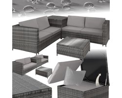 tectake® Wicker zitgroep - Tuinmeubelset - 2 banken met extra dikke kussens - Tafel met glazen blad - Tuinmeubelen voor terras - Tuin - Balkon - Buitenmeubels - Inclusief opbergbox - Maximale belasting bank 200 kg en tafel 45 kg - Grijs