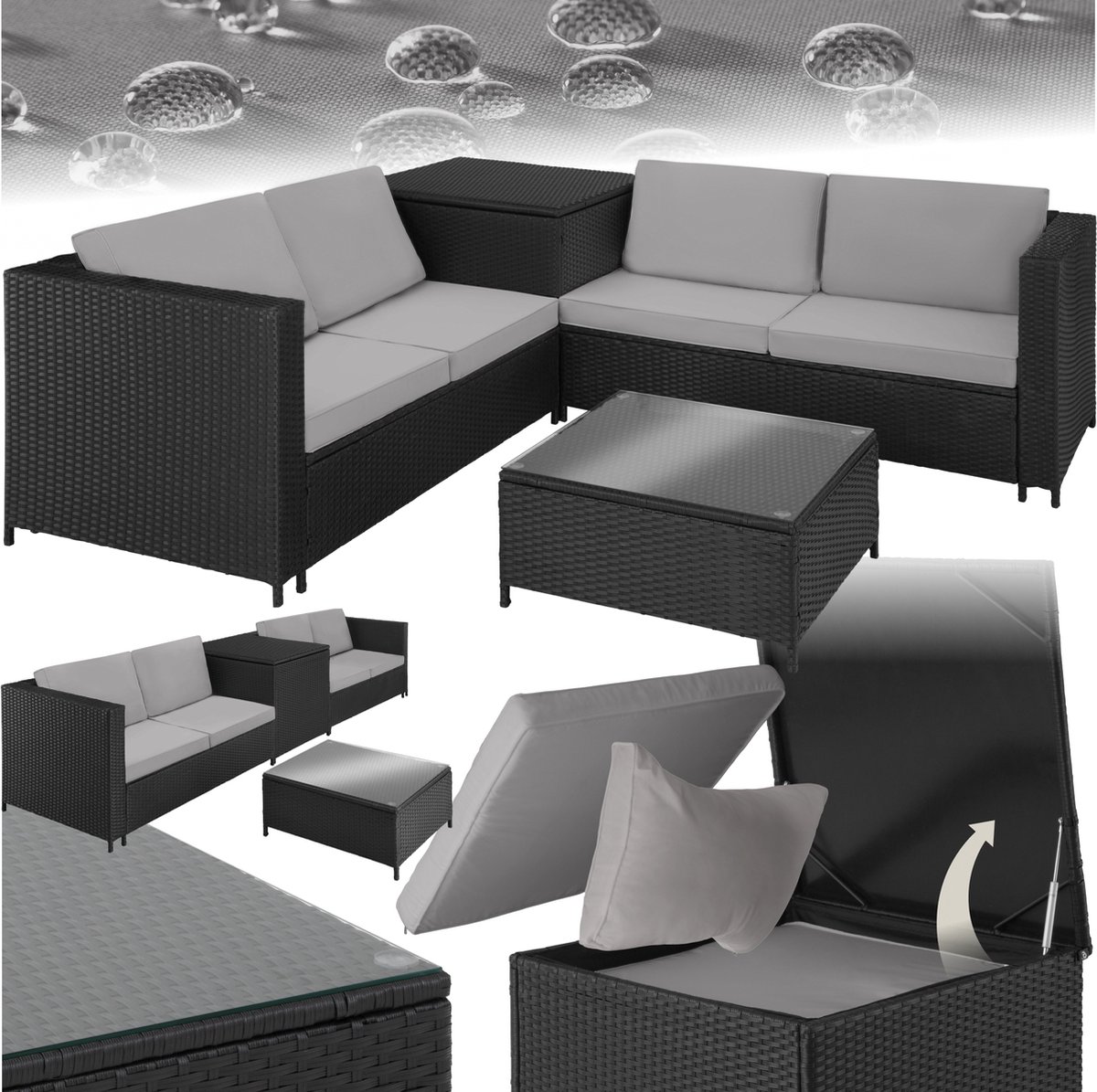 tectake® Wicker zitgroep - Tuinmeubelset - 2 banken met extra dikke kussens - Tafel met glazen blad - Tuinmeubelen voor terras - Tuin - Balkon - Buitenmeubels - Inclusief opbergbox - Maximale belasting bank 200 kg en tafel 45 kg - Zwart
