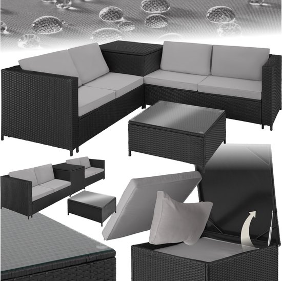tectake® Wicker zitgroep - Tuinmeubelset - 2 banken met extra dikke kussens - Tafel met glazen blad - Tuinmeubelen voor terras - Tuin - Balkon - Buitenmeubels - Inclusief opbergbox - Maximale belasting bank 200 kg en tafel 45 kg - Zwart