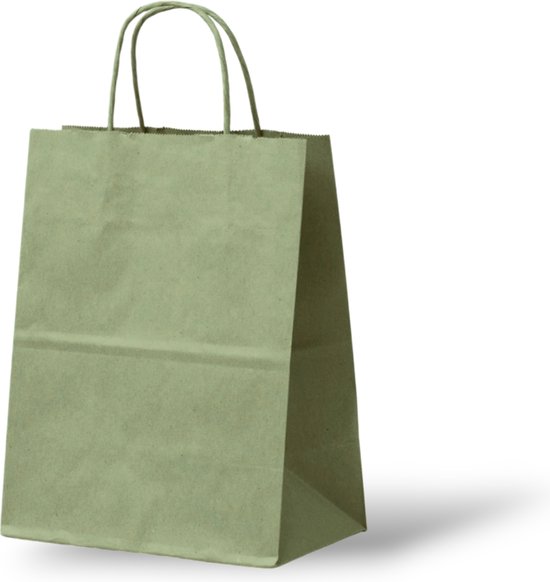 Sac shopping vert olive en papier avec poignées, 18x8x24 cm.