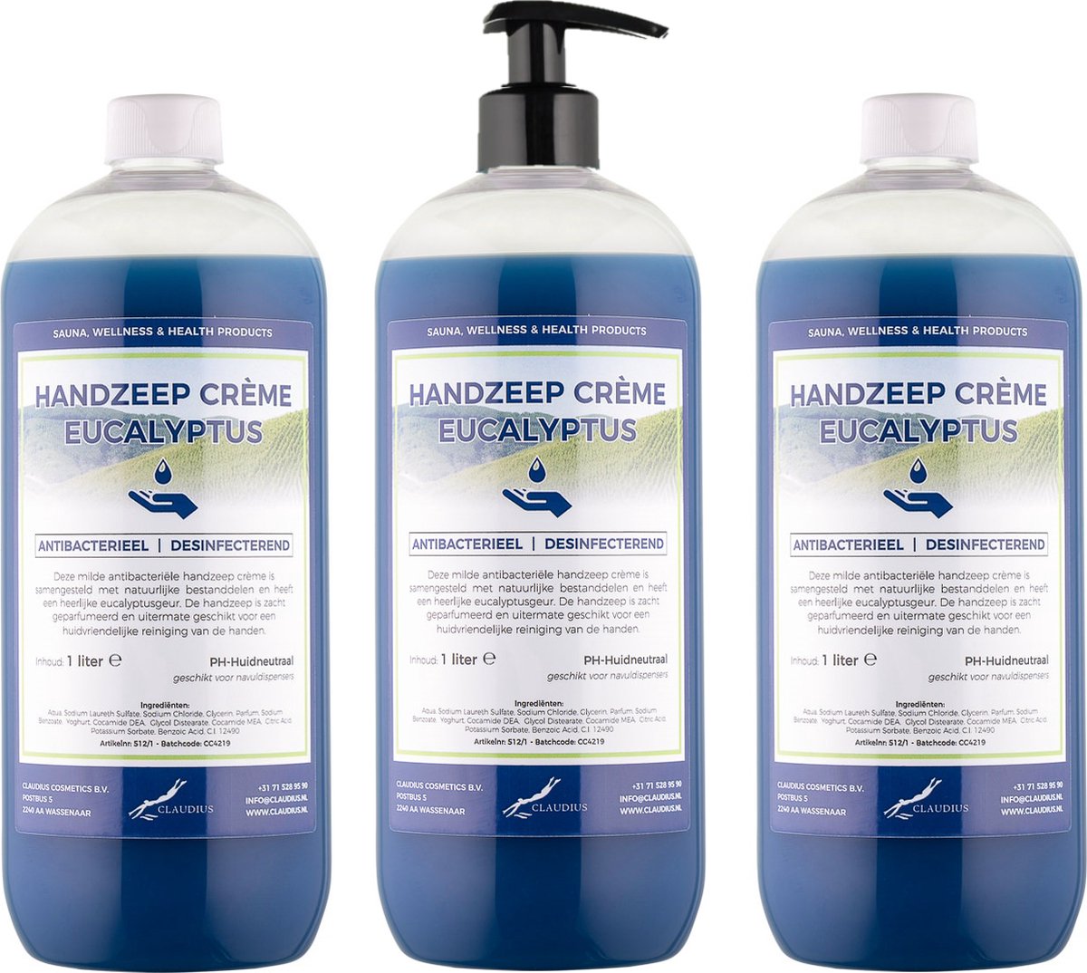 Handzeep Crème Eucalyptus 1 liter - met gratis pomp - set van 3 stuks