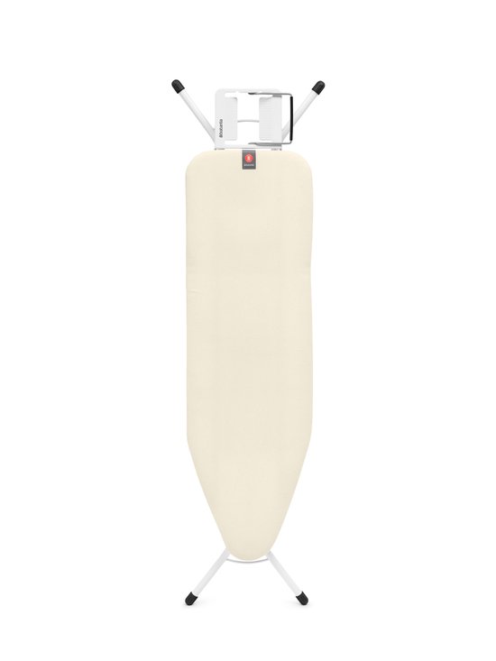 Beige strijkplank met wit opvouwbaar onderstel en strijkijzerhouder.