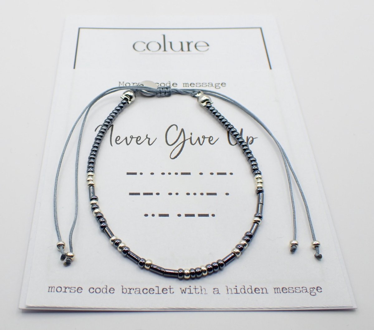 Colure® morse code armband glanzendgrijs Never give up